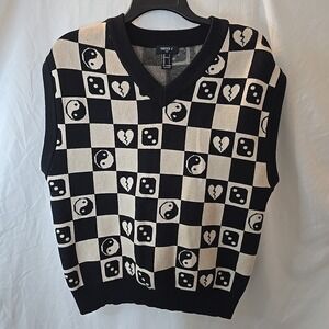 Forever 21 Men's Sweater Vest Ying/yang Dice Broken Hearts Checkered Sz S Y2K